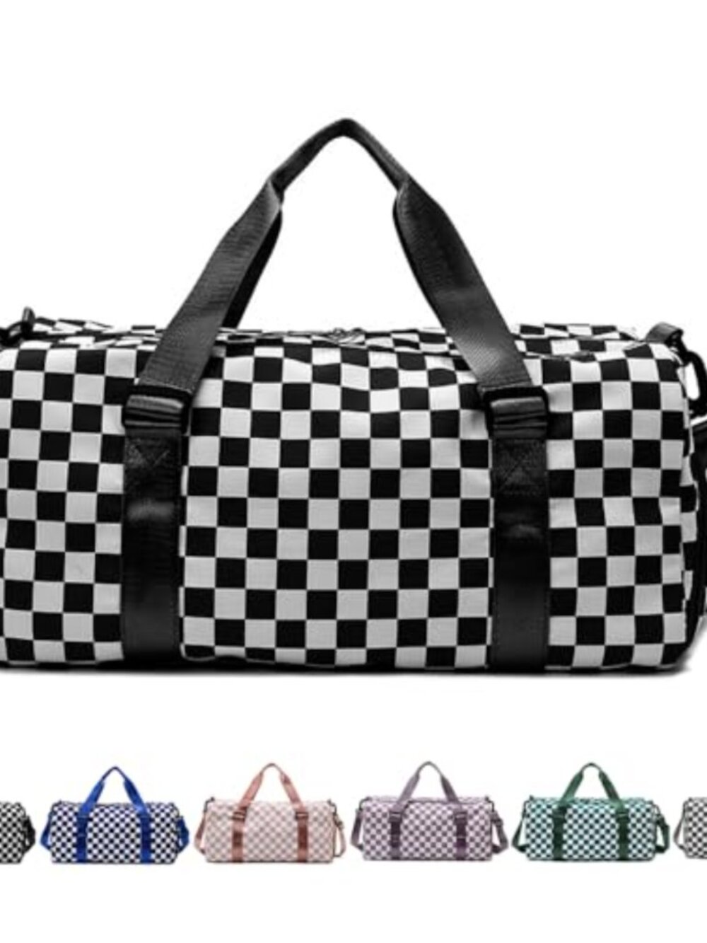 Checkered Waterproof Nylon Duffel Gym Bag with Shoe Compartment & Wet Pocket,